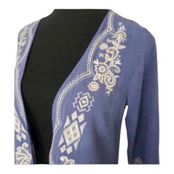 Short Open Front Cardigan Size S Blue Floral Embroidered 100% Linen 3/4-Sleeve - Picture 7 of 11